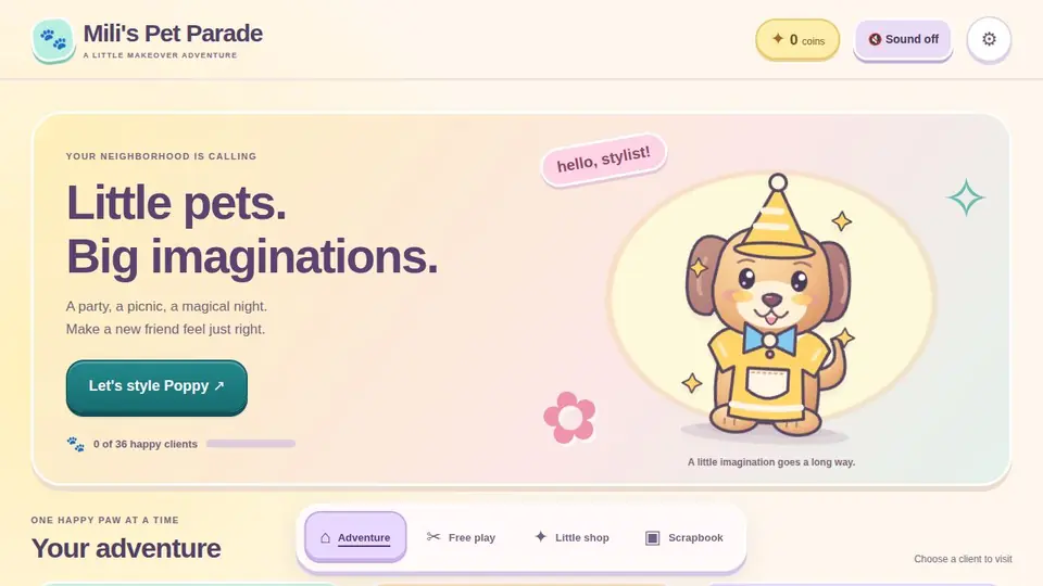 Mili’s Pet Parade home screen.